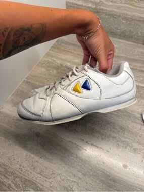 Kids White Cheer Sneakers with Blue & Yellow Triangle Accents